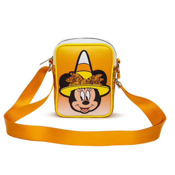 Disney Bag, Cross Body, Minnie Mouse Halloween Witch with Orange Sequin Bow Candy Corn Ombre, Vegan Leather Crossbody Bags Disney   