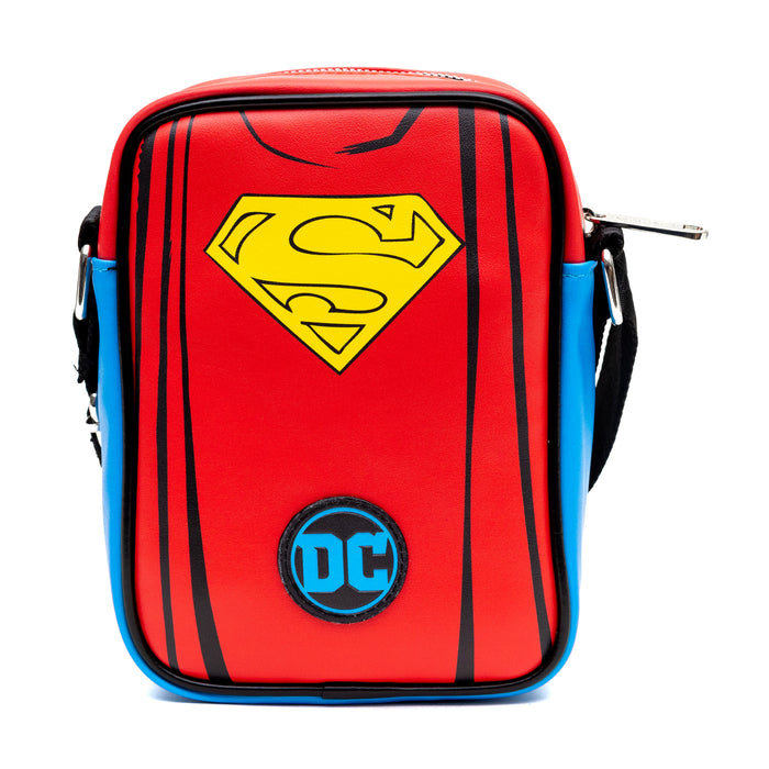 DC Comics Vegan Leather Crossbody Bag with Adjustable Straps, Superman Character Close Up with Super Logo and Belt Appliques, Blue Crossbody Bags DC Comics   