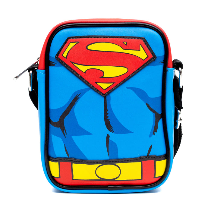 DC Comics Vegan Leather Crossbody Bag with Adjustable Straps, Superman Character Close Up with Super Logo and Belt Appliques, Blue Crossbody Bags DC Comics   