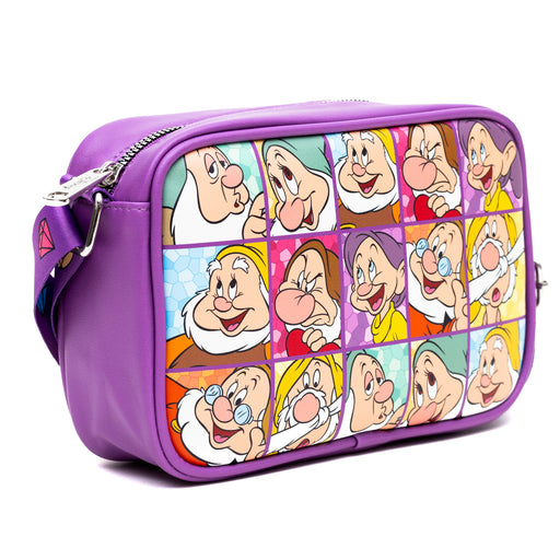 Disney Vegan Leather Crossbody bag with Adjustable Straps, Snow White the Seven Dwarfs Expression Blocks Purple, 8.5" x 6.0" Crossbody Bags Disney   