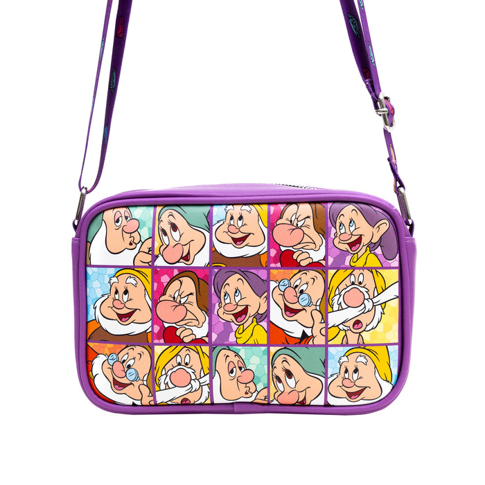 Disney Vegan Leather Crossbody bag with Adjustable Straps, Snow White the Seven Dwarfs Expression Blocks Purple, 8.5" x 6.0" Crossbody Bags Disney   