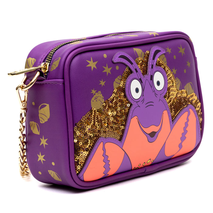 Disney Vegan Leather Crossbody bag with Adjustable Straps, Moana Tamatoa Character Close Up Pose Applique, Purple, 8.5" x 6.0" Crossbody Bags Disney   