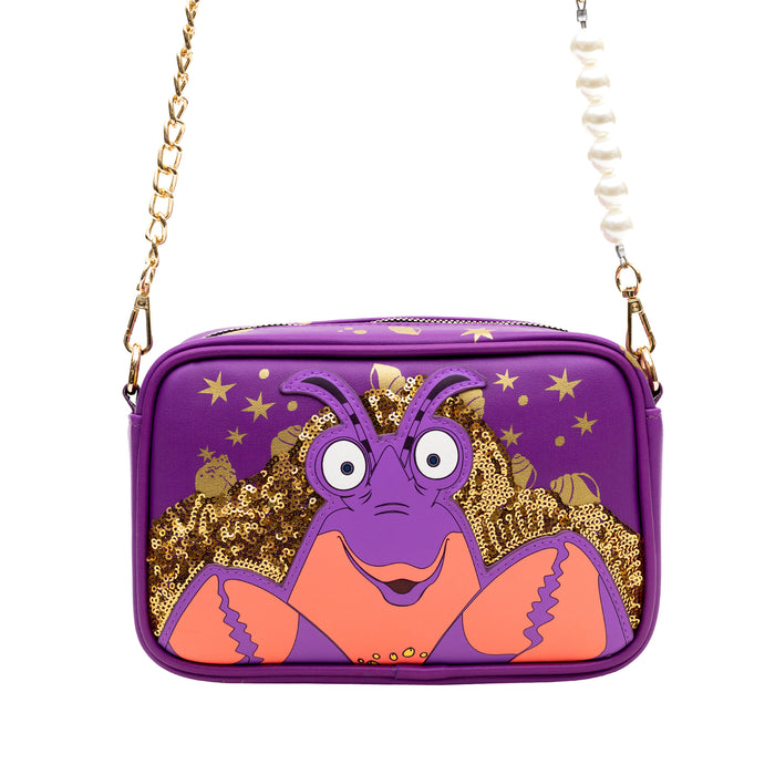 Disney Vegan Leather Crossbody bag with Adjustable Straps, Moana Tamatoa Character Close Up Pose Applique, Purple, 8.5" x 6.0" Crossbody Bags Disney   