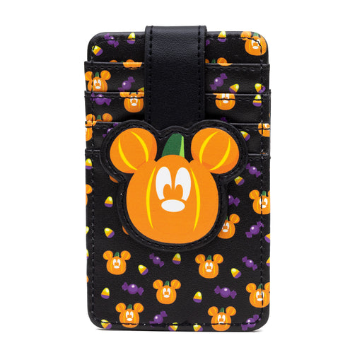 Disney Vegan Leather Wallet, ID Card Holder, Halloween Mickey Mouse Pumpkin Scattered Candy, 3.0" x 5.0" Mini ID Wallets Disney   