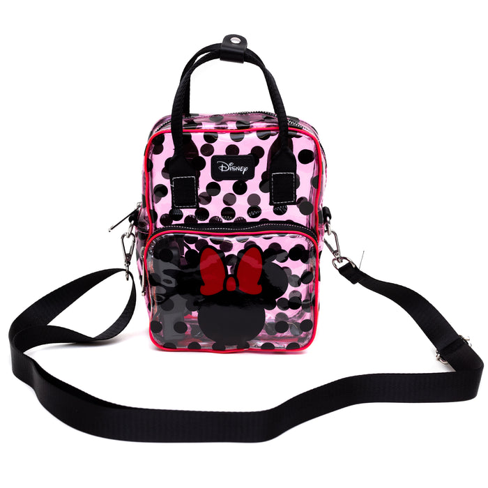 Disney Bag, Cross Body Light Up, Minnie Mouse Ears and Bow Icon with Polka Dots, Transparent, Pink PVC Crossbody Bags Disney   