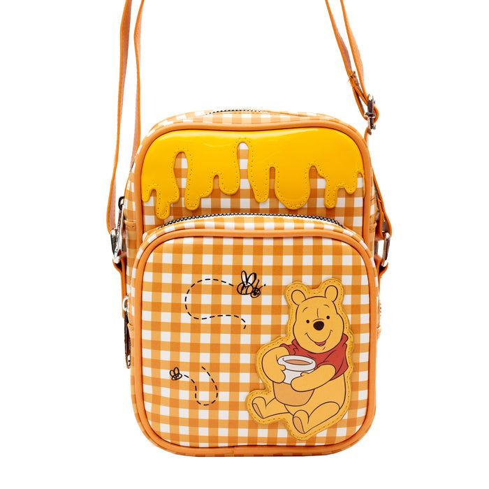 Disney Vegan Leather Crossbody bag with Adjustable Straps, Winnie the Pooh Hunny Pot Pose with Honey Drip Gingham White/Golden Yellow, 5.5" x 8.5" Crossbody Bags Disney   