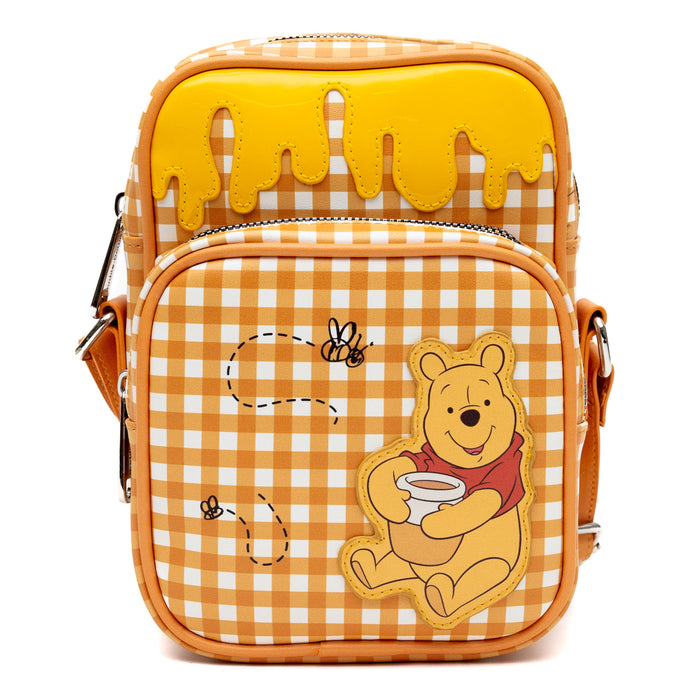 Disney Vegan Leather Crossbody bag with Adjustable Straps, Winnie the Pooh Hunny Pot Pose with Honey Drip Gingham White/Golden Yellow, 5.5" x 8.5" Crossbody Bags Disney   