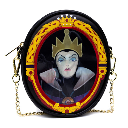 Disney Bag, Oval Crossbody, Snow White Old Hag and Evil Queen Villains Lenticular Portrait, Black, Vegan Leather Crossbody Bags Disney   