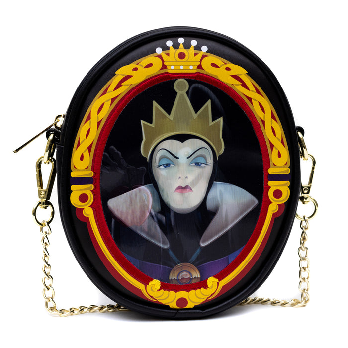 Disney Bag, Oval Crossbody, Snow White Old Hag and Evil Queen Villains Lenticular Portrait, Black, Vegan Leather Crossbody Bags Disney   