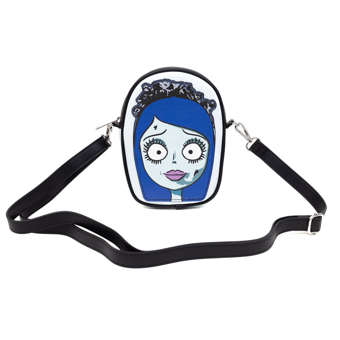 Horror Movies Vegan Leather Cross Body Bag, Emily the Corpse Bride Face Applique Pale Blue Crossbody Bags Warner Bros. Horror Movies   