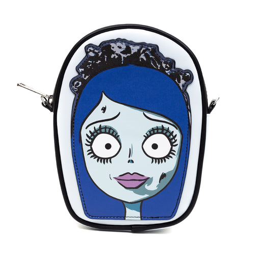 Horror Movies Vegan Leather Cross Body Bag, Emily the Corpse Bride Face Applique Pale Blue Crossbody Bags Warner Bros. Horror Movies   