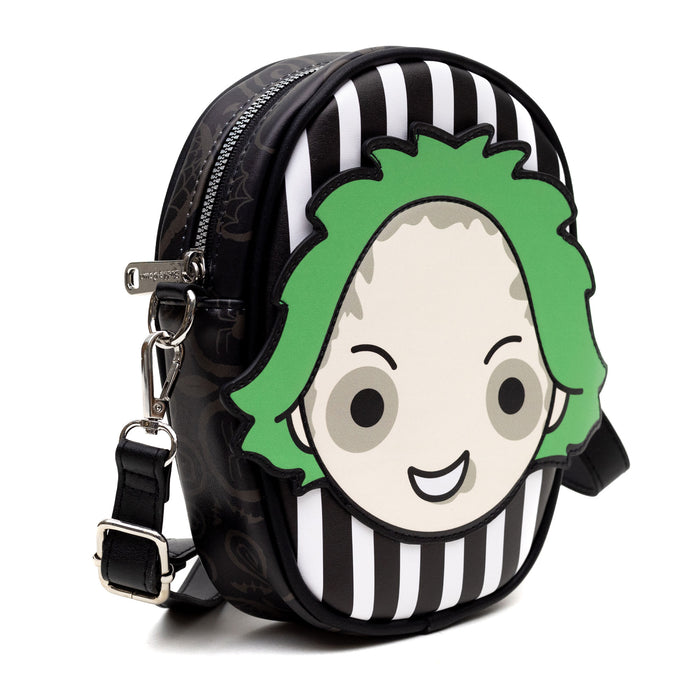 Horror Movies Vegan Leather Cross Body Bag with Adjustable Strap, Beetlejuice Smiling Chibi Face Applique, Stripe Black White, 7" x 8" Crossbody Bags Warner Bros. Horror Movies   