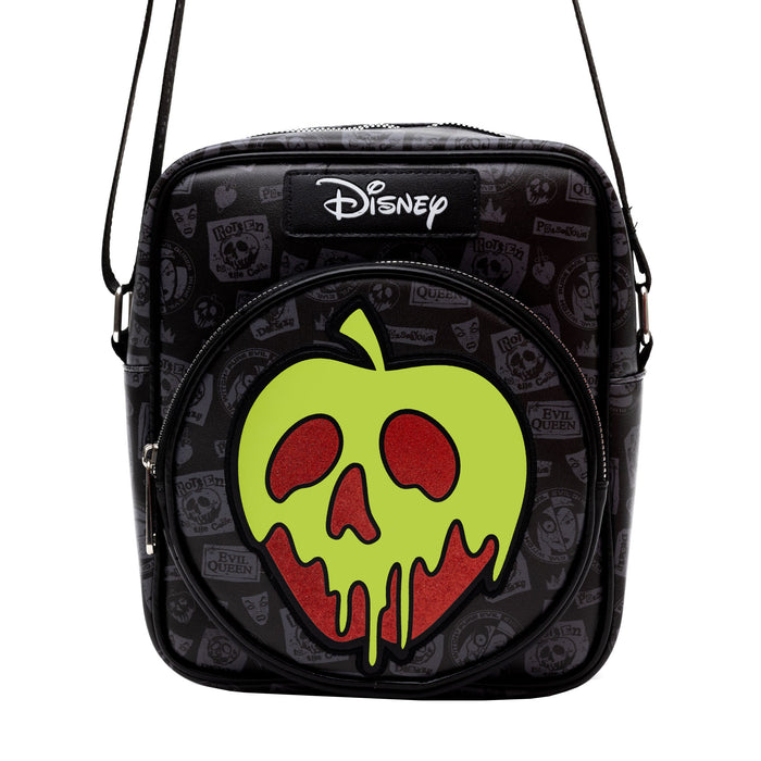 Disney Vegan Leather Crossbody Bag with Front and Back Zip Pocket, Snow White Evil Queen Glow in the Dark Apple and Icons Black, 8.5" x 10.0" Crossbody Bags Disney   