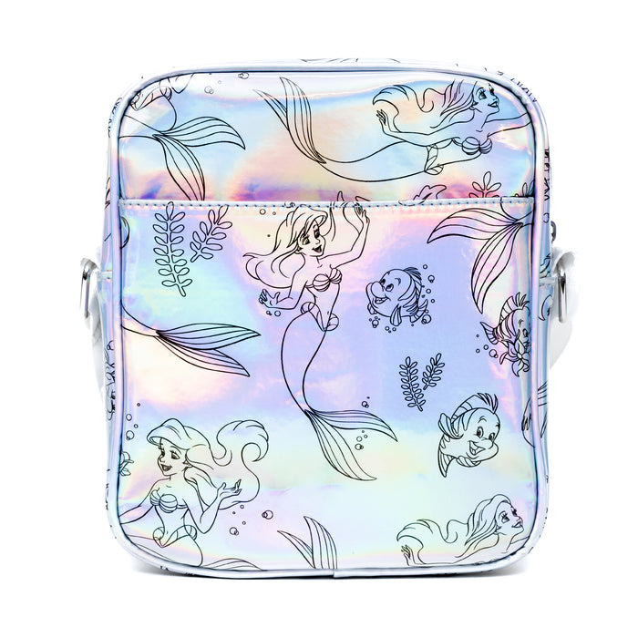 Disney Vegan Leather Cross Body Backpack with Adjustable Strap, The Little Mermaid Ariel and Flounder Poses Iridescent Holographic Crossbody Bags Disney   