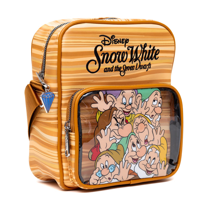 Disney Vegan Leather Cross Body Backpack with Adjustable Strap, Snow White and the Seven Dwarfs Face Smash Group Pose and Faux Wood Grain Crossbody Bags Disney   