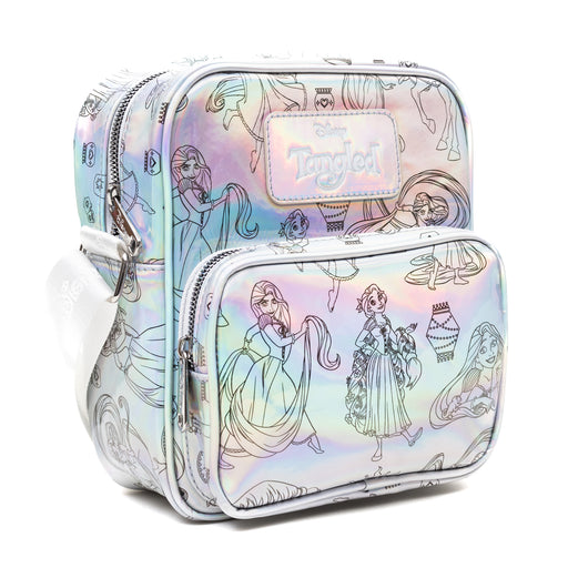 Disney Vegan Leather Cross Body Backpack with Adjustable Strap, Tangled Rapunzel Poses Iridescent Holographic Crossbody Bags Disney   