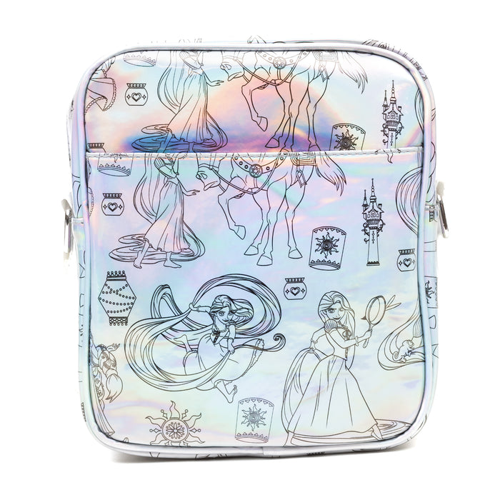 Disney Vegan Leather Cross Body Backpack with Adjustable Strap, Tangled Rapunzel Poses Iridescent Holographic Crossbody Bags Disney   