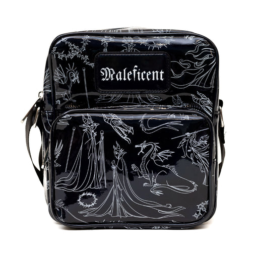 Disney Vegan Leather Cross Body Backpack with Adjustable Strap, Sleeping Beauty Villain Maleficent Poses Holographic Black/White Crossbody Bags Disney   