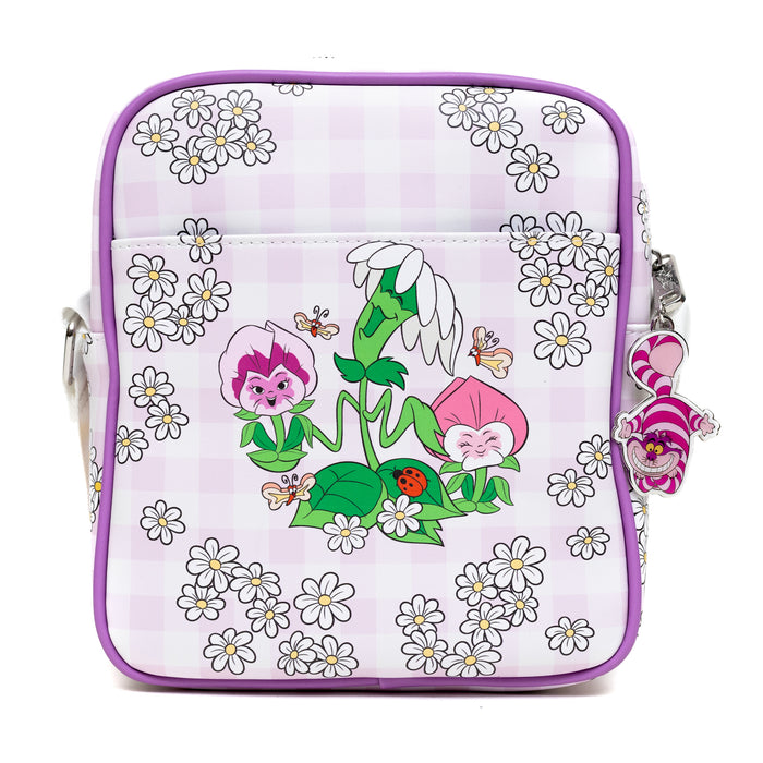 Disney Vegan Leather Cross Body Backpack with Adjustable Strap, Alice in Wonderland Tea Party and Garden Flowers Poses Gingham Lavender Crossbody Bags Disney   