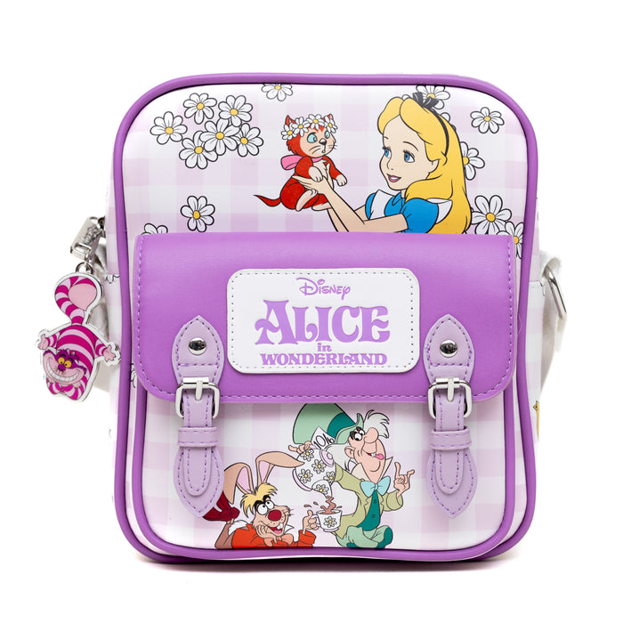 Disney Vegan Leather Cross Body Backpack with Adjustable Strap, Alice in Wonderland Tea Party and Garden Flowers Poses Gingham Lavender Crossbody Bags Disney   