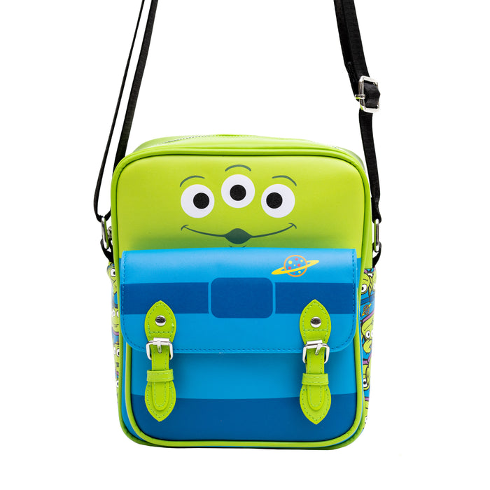 Disney Vegan Leather Crossbody Bag with Front Pocket, Toy Story Alien Bodice and Stacked Aliens Green Blue, 7.5" x 9" Crossbody Bags Disney   