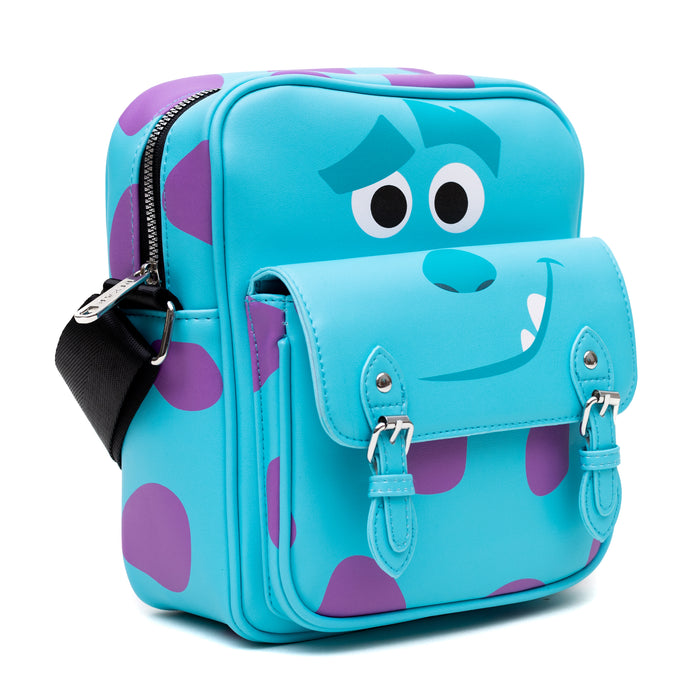 Disney Vegan Leather Crossbody Bag with Front Pocket, Monsters Sulley Smiling Character and Spots Blue Purple, 7.5" x 9" Crossbody Bags Disney   