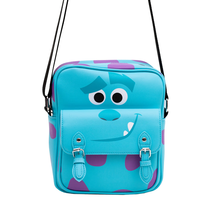 Disney Vegan Leather Crossbody Bag with Front Pocket, Monsters Sulley Smiling Character and Spots Blue Purple, 7.5" x 9" Crossbody Bags Disney   