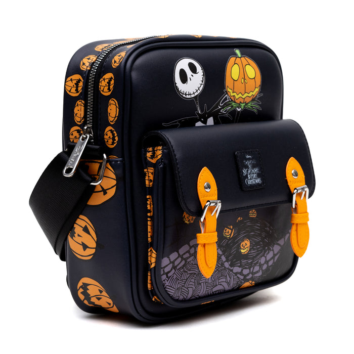 Disney Vegan Leather Crossbody Bag with Front Pocket, Nightmare Before Christmas Jack-O-Lantern Moon Poses Black, 7.5" x 9" Crossbody Bags Disney   