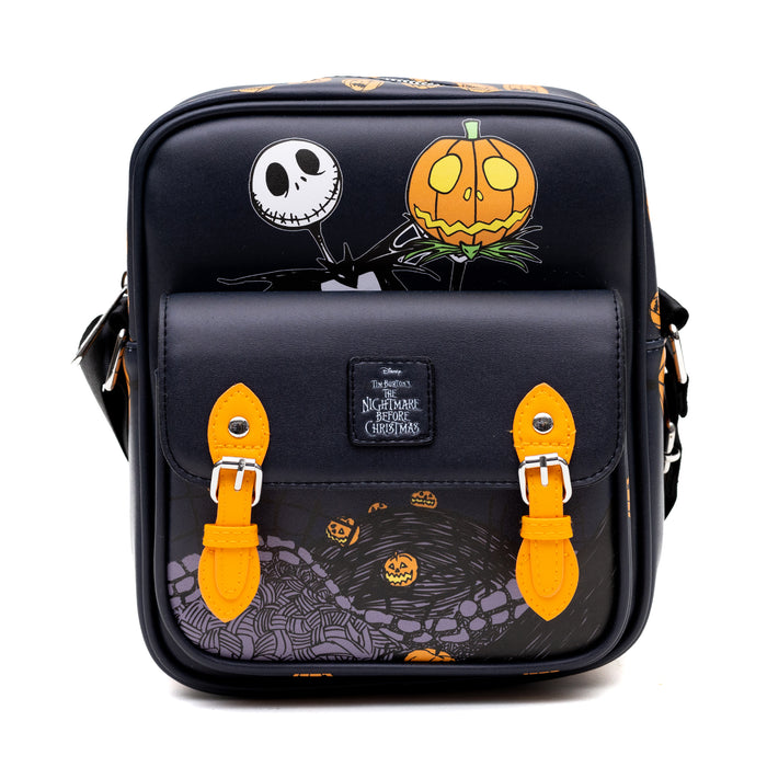 Disney Vegan Leather Crossbody Bag with Front Pocket, Nightmare Before Christmas Jack-O-Lantern Moon Poses Black, 7.5" x 9" Crossbody Bags Disney   