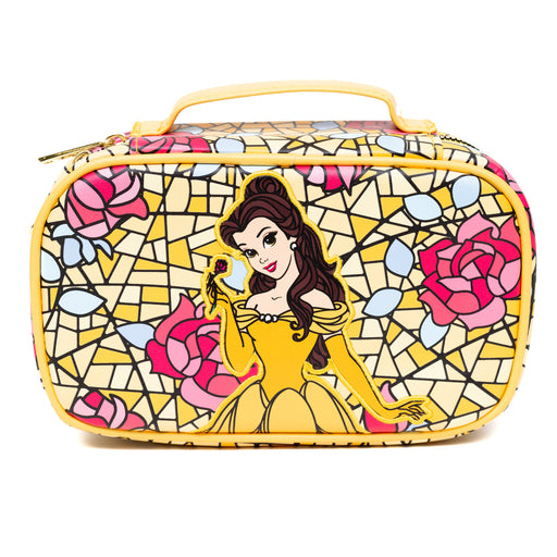 Disney Vegan Leather Travel Cosmetic Bag, Make-Up Bag for Women, Beauty and the Beast Belle Rose Pose Applique Stained Glass Print, Vegan Leather Crossbody Bags Disney   