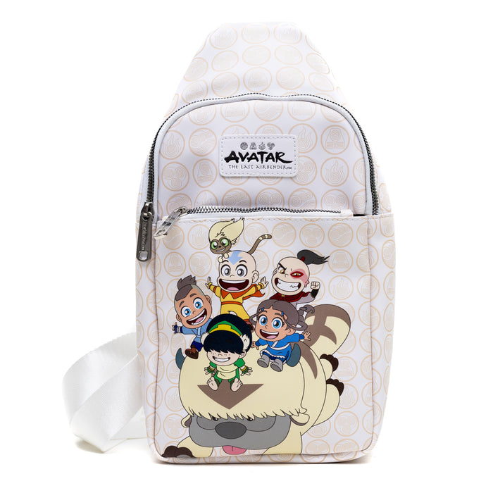 Nickelodeon Vegan Leather Crossbody Sling Bag, Avatar Last Airbender Chibi Group Pose on Appa, White, 7" x 14" Crossbody Bags Nickelodeon   