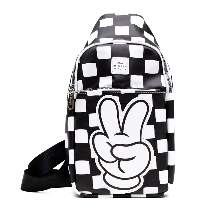 Disney Vegan Leather Crossbody Sling Bag, Mickey Mouse Peace Fingers Applique,Checker Black White, 7" x 14" Crossbody Bags Disney   