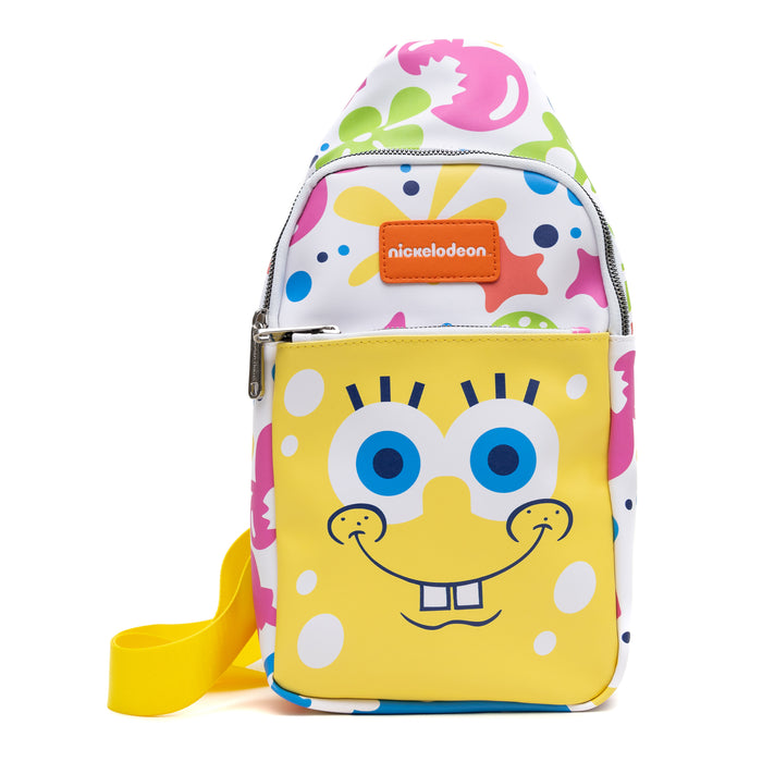 Nickelodeon Vegan Leather Crossbody Sling Bag, SpongeBob SquarePants Smiling Character Close Up and Icons, 7" x 14" Crossbody Bags Nickelodeon   