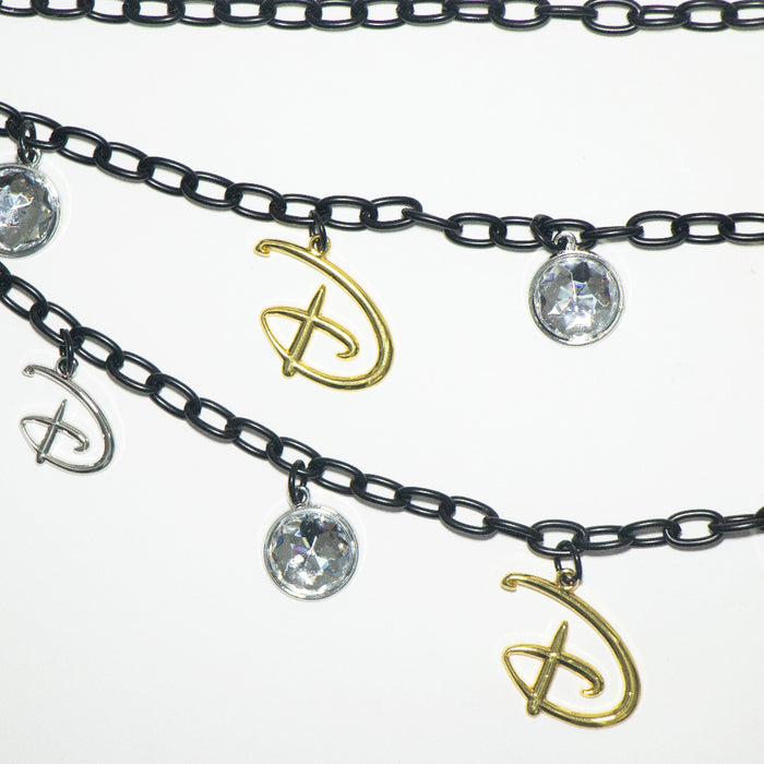 Metal Chain Belt - Black Chain with Disney Signature D Silver and Gold Charms Metal Chain Belts Disney   