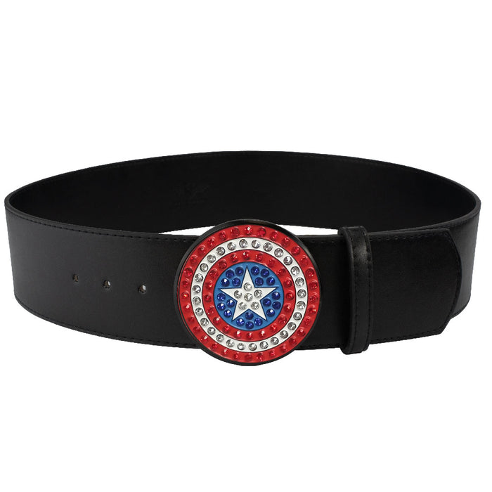 Captain America Shield with Crystal Rhinestones Cast Buckle - Black PU Strap Belt Cast Buckle Belts Marvel Comics   