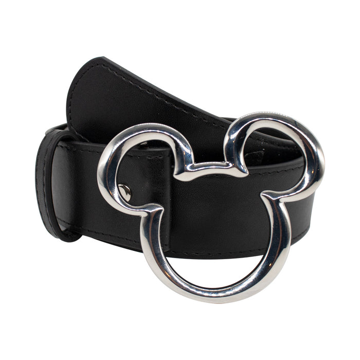 Mickey Ears Outline Silver Cast Buckle - 1.5 Inch Wide Black Vegan Leather Strap Belt Cast Buckle Belts Disney   