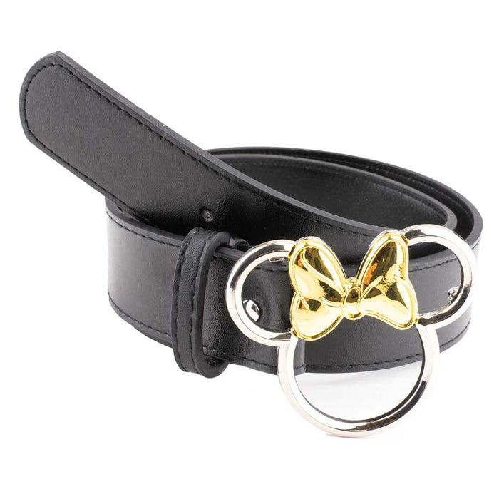Minnie Mouse Ears w/Bow Outline Silver/Gold Cast Buckle - Black PU Strap Belt Cast Buckle Belts Disney   