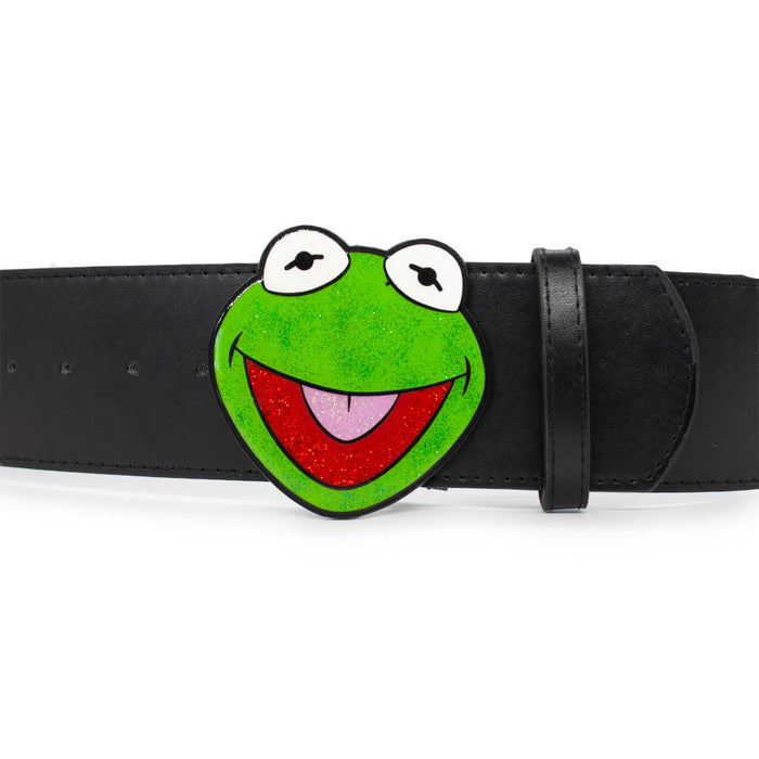 The Muppets Kermit the Frog Glitter Enamel Cast Buckle - 2.75 Inch Wide Black PU Strap Belt Cast Buckle Belts Disney   