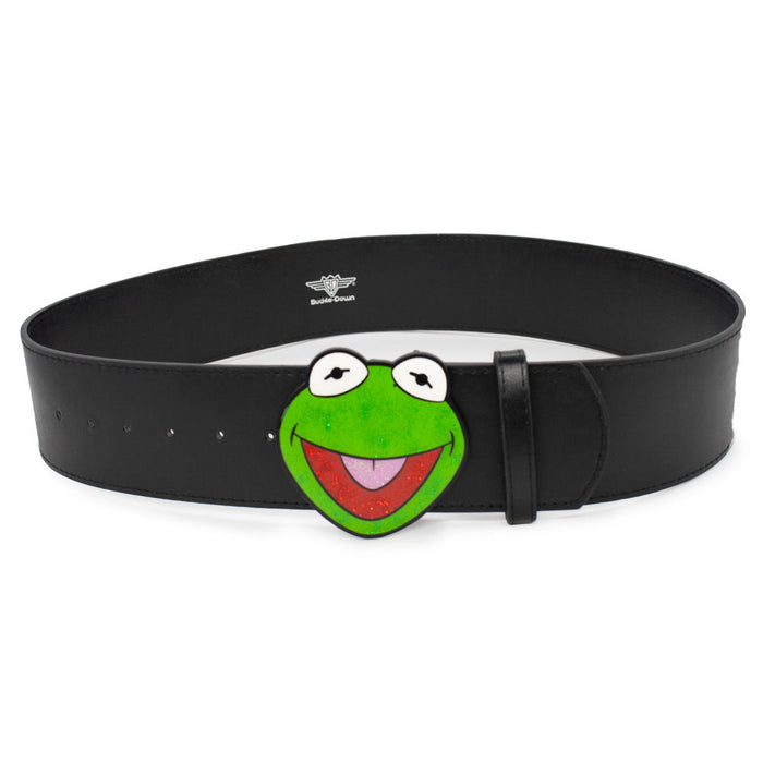 The Muppets Kermit the Frog Glitter Enamel Cast Buckle - 2.75 Inch Wide Black PU Strap Belt Cast Buckle Belts Disney   