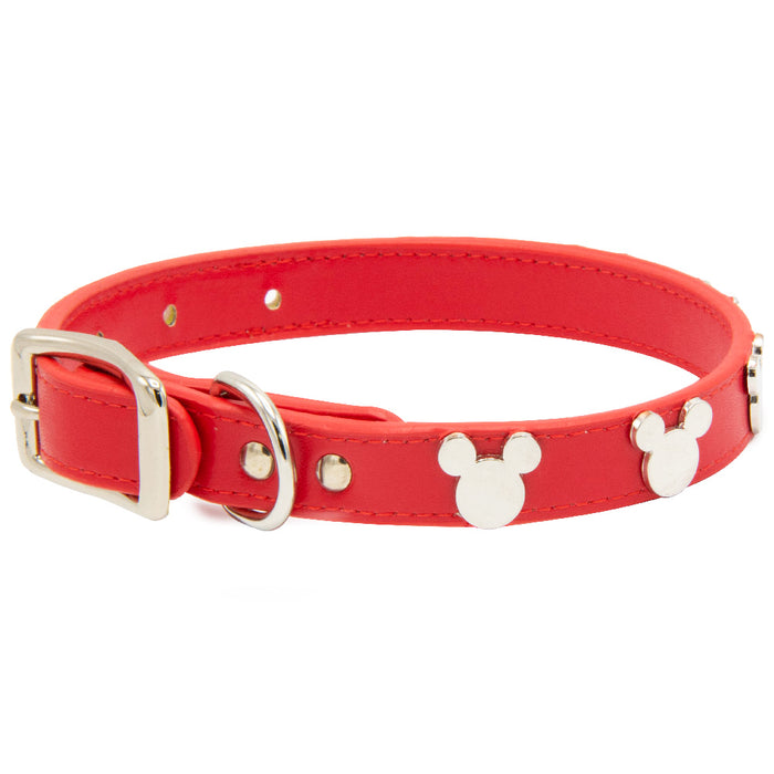 Vegan Leather Dog Collar - Disney Red PU w Silver Cast Mickey Mouse Head Icon Embellishments and Charm Imported PU Collars Disney   