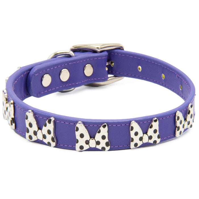 Vegan Leather Dog Collar - Disney Purple PU w Silver Cast Minnie Mouse Bow Embellishments and Charm Imported PU Collars Disney   