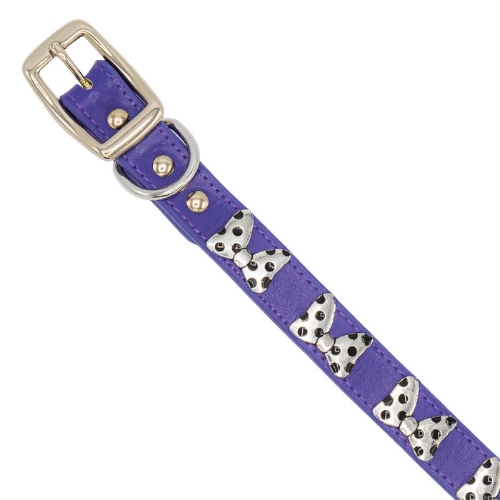Vegan Leather Dog Collar - Disney Purple PU w Silver Cast Minnie Mouse Bow Embellishments and Charm Imported PU Collars Disney   