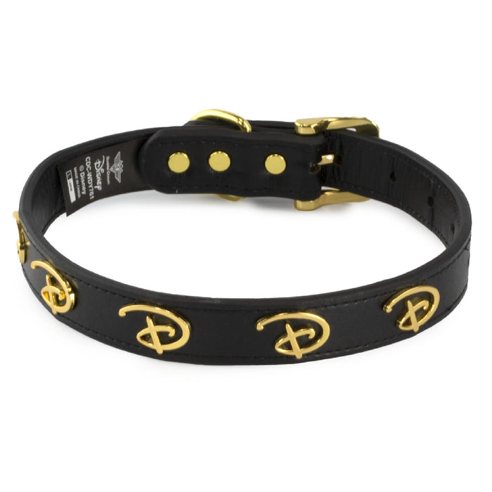 Vegan Leather Dog Collar - Disney Black PU w Gold Cast Signature D Logo Embellishments Imported PU Collars Disney   