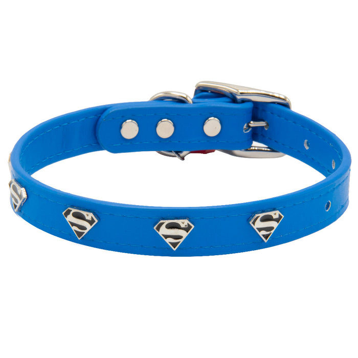 Vegan Leather Dog Collar - Superman Blue with Shield Embellishments & Metal Charm Imported PU Collars DC Comics   