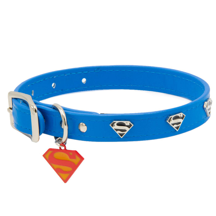 Vegan Leather Dog Collar - Superman Blue with Shield Embellishments & Metal Charm Imported PU Collars DC Comics   