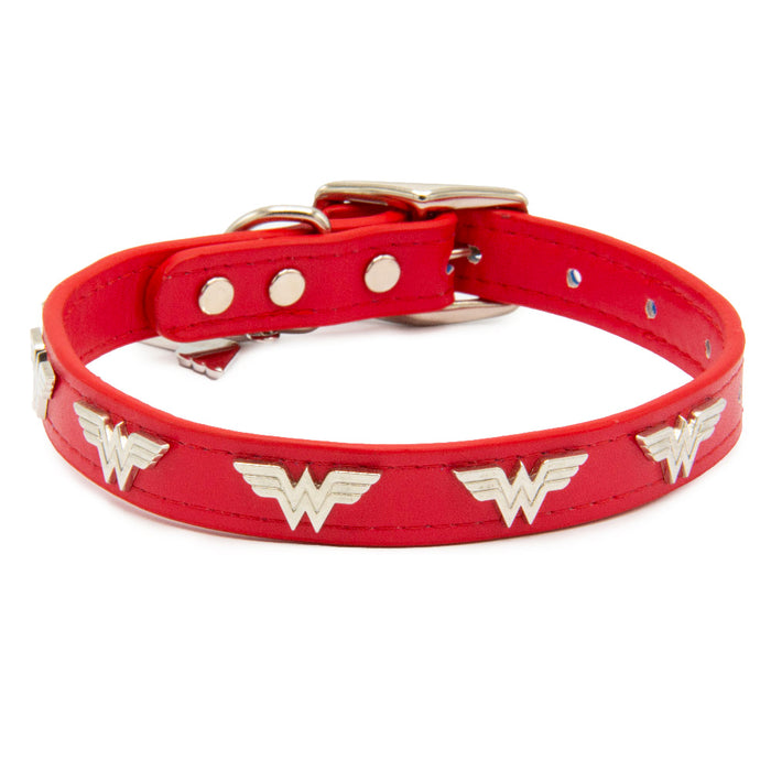 Vegan Leather Dog Collar - Wonder Woman Red with WW Icon Embellishments & Metal Charm Imported PU Collars DC Comics   