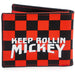 Rubber Wallet - Mickey Mouse Eyes + KEEP ROLLIN MICKEY Text Textured Checker Red/Black/White Rubber Bi-Fold Wallets Disney   