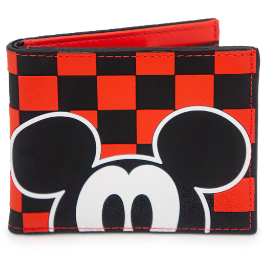 Rubber Wallet - Mickey Mouse Eyes + KEEP ROLLIN MICKEY Text Textured Checker Red/Black/White Rubber Bi-Fold Wallets Disney   
