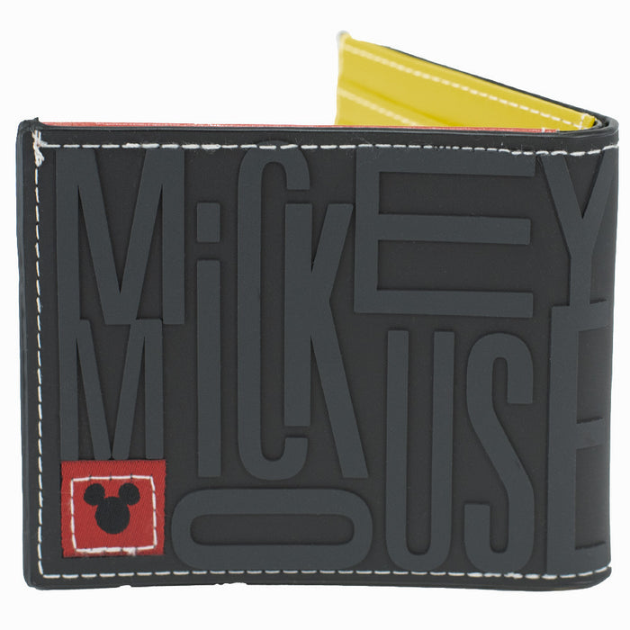 Rubber Wallet - Mickey Mouse Face + Text Badge Textured Black/White/Red Rubber Bi-Fold Wallets Disney   
