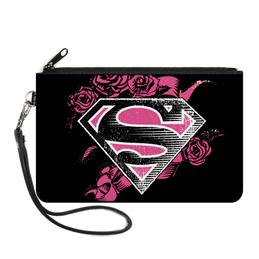 Canvas Zipper Wallet - SMALL - Superman Shield4/Roses Weathered Black/White/Pinks Canvas Zipper Wallets DC Comics   